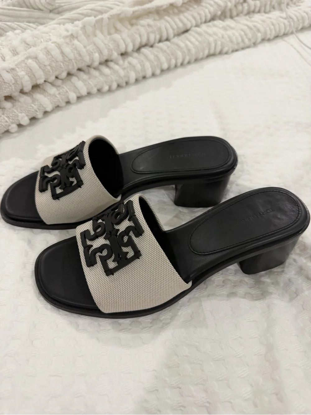 Tory Burch Black & Ivory Logo Slide Mules